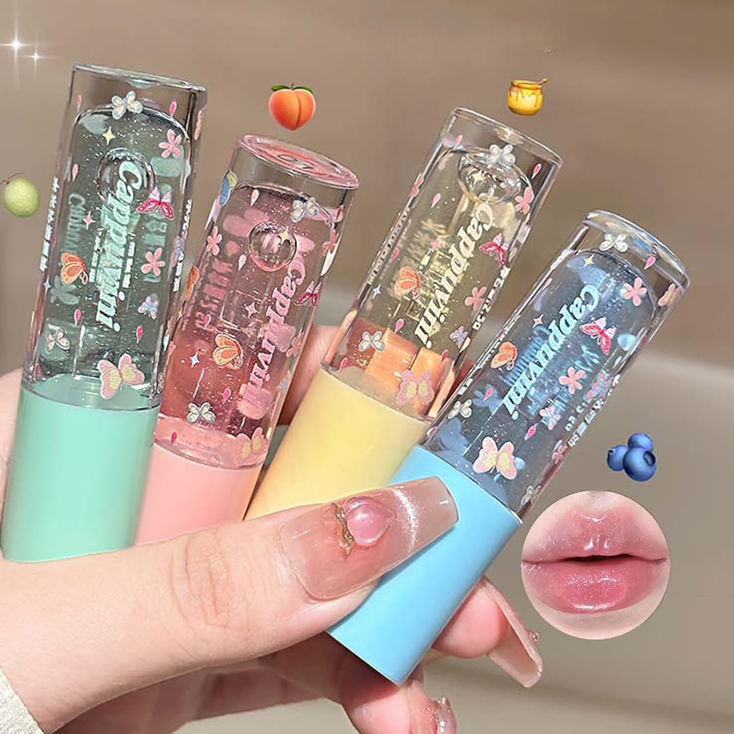 4PCS Plumping Lip Gloss Set, Fruit Flavored Shimmer Lip Oil, Transparent Hydrating Lip Glow Oil, Cute Jelly Lip Makeup for Kids and Teens, Lip Oil Lip Balm for Dry Lips Nourishing