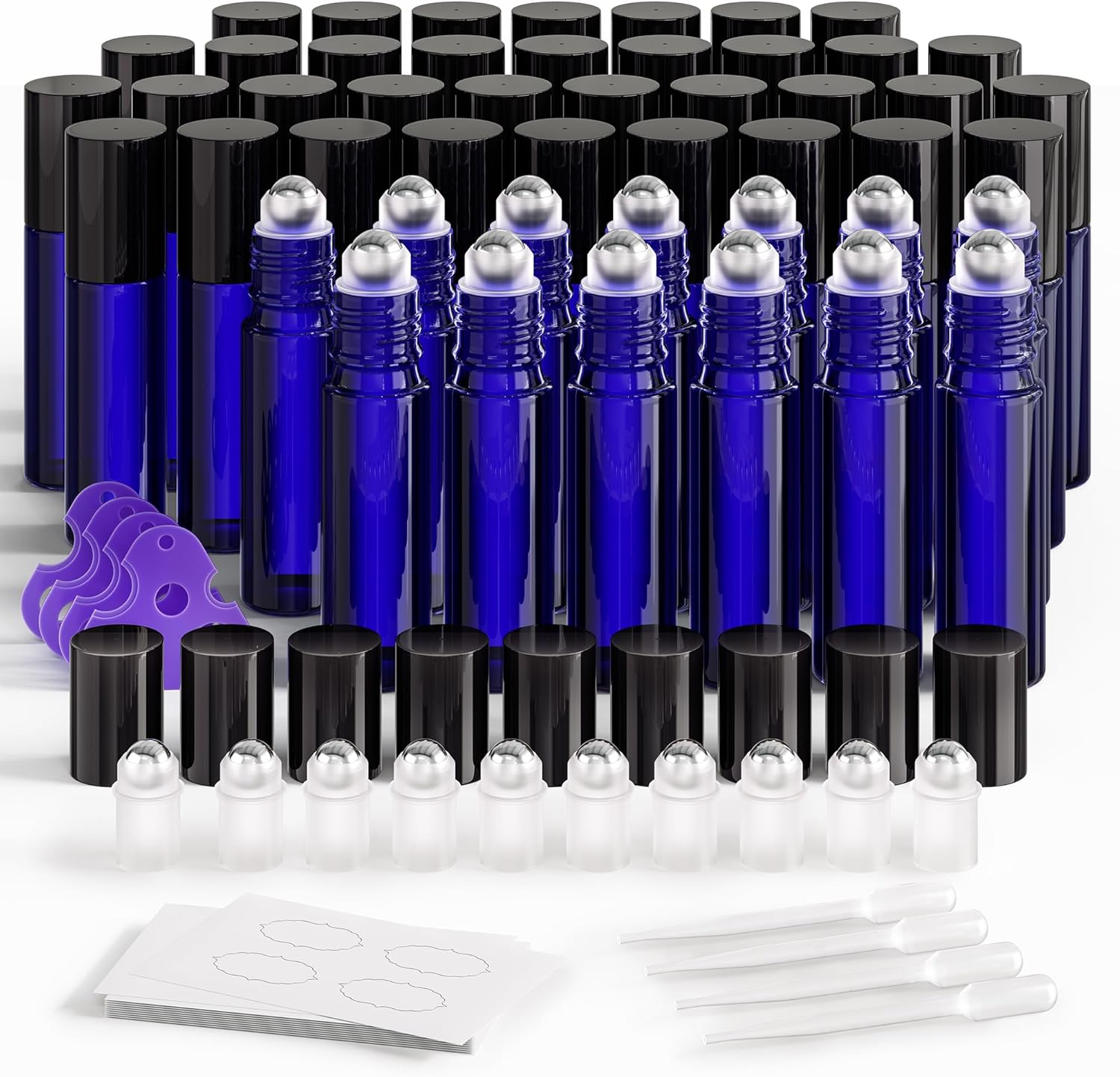 Essential Oil Roller Bottles 48 Pack 10ml Cobalt Blue Glass Empty Bottles with Stainless Steel Roller Balls (10 Extra Roller Balls, 4 Openers, 4 Droppers, 48 Waterproof Labels) Blue 48-Pack