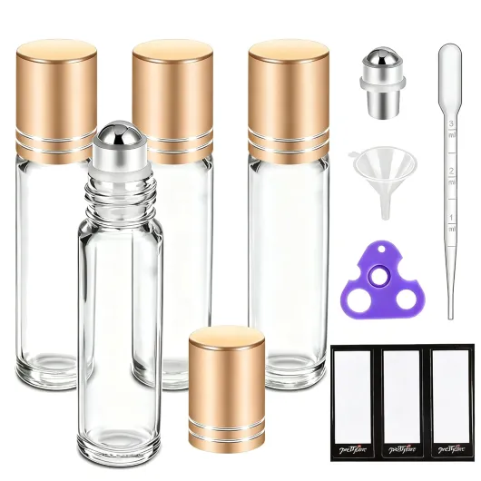 4 Pack, 10 ml Essential Oil Roller Bottles with Stainless Steel Roller Ball - Refillable Leak-proof Empty Thick Clear Glass Roll on Bottles with Metal Caps for Travel, Perfume 4 pcs clear with gold cap