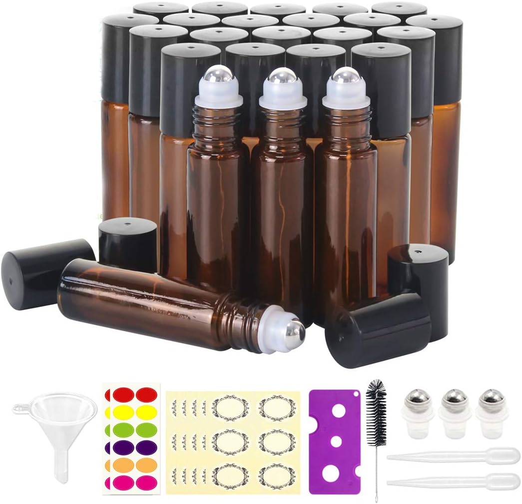 24pack, 10ml Roller Bottles for Essential Oils - Amber, Glass with Stainless Steel Roller Balls (3 Extra Roller Balls, 54 Pieces Labels, Opener, Funnel, Dropper, Brush Included) Amber 24pc-10ml