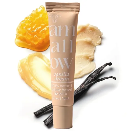 All Natural Tallow Lip Balm Squeezable Tube - Grass Fed/Finished Beef Tallow + Organic Beeswax & Vanilla Essential Oil .5 OZ (Vanilla Dream)