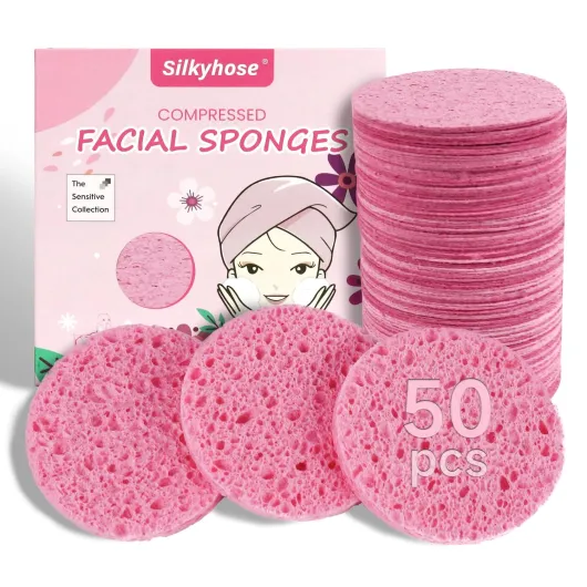 50-Count Compressed Facial Sponges 100% Natural Cellulose Cosmetic Spa Sponges for Daily Facial Cleansing Makeup and Mask Removal Pore Exfoliation ((Pink) 50 Count) (round Pink)50 Count