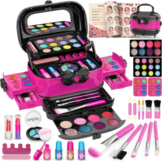 58 Pcs Kids Makeup Kit for Girl, Princess Toys Real Washable Cosmetic Set with Mirror, Kids Makeup Sets for Girls, Play Make Up Birthday Gifts for 3 4 5 6 7 8 9 10 11 12 Years Old Kid (Rose) Rose and Black