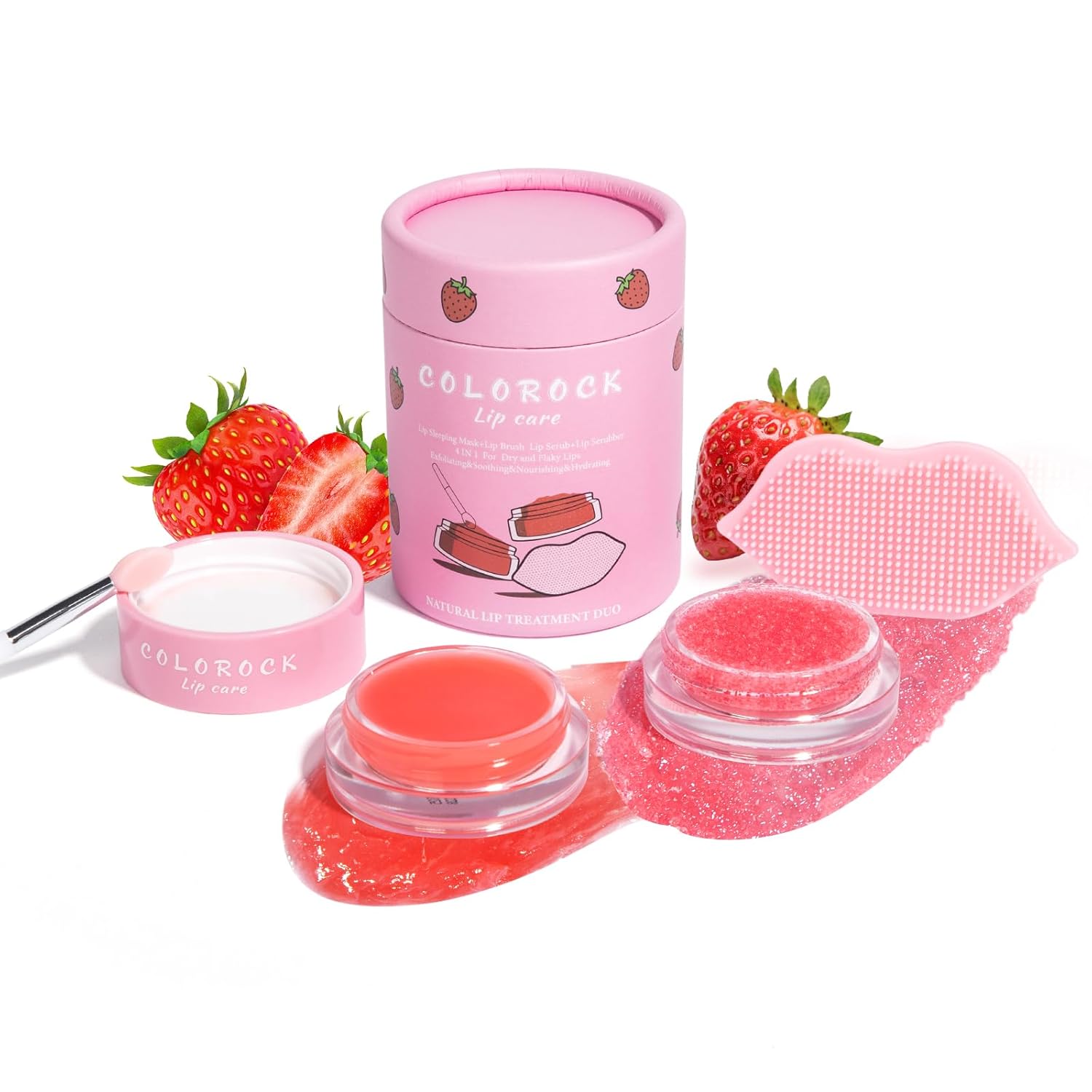 Lip Mask &Sugar Lip Scrub Set Natural Lip Treatment Duo - 4 IN 1 Lip Sleep Mask Gift Set for Exfoliate,Nourish Soothe & Hydrate Dry and Flaky Lips-Lip Mask Overnight for Lip Care-Strawberry