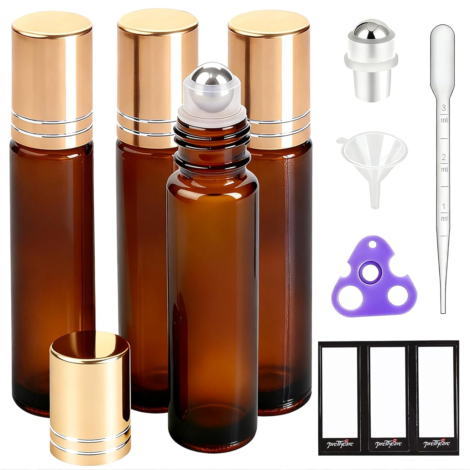 4 Pack, 10 ml Essential Oil Roller Bottles with Stainless Steel Roller Ball - Refillable Leak-proof Empty Thick Amber Glass Roll on Bottles with Metal Caps for Travel, Perfume 4 Pack Amber with Gold Caps