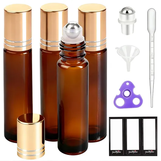 4 Pack, 10 ml Essential Oil Roller Bottles with Stainless Steel Roller Ball - Refillable Leak-proof Empty Thick Amber Glass Roll on Bottles with Metal Caps for Travel, Perfume 4 Pack Amber with Gold Caps