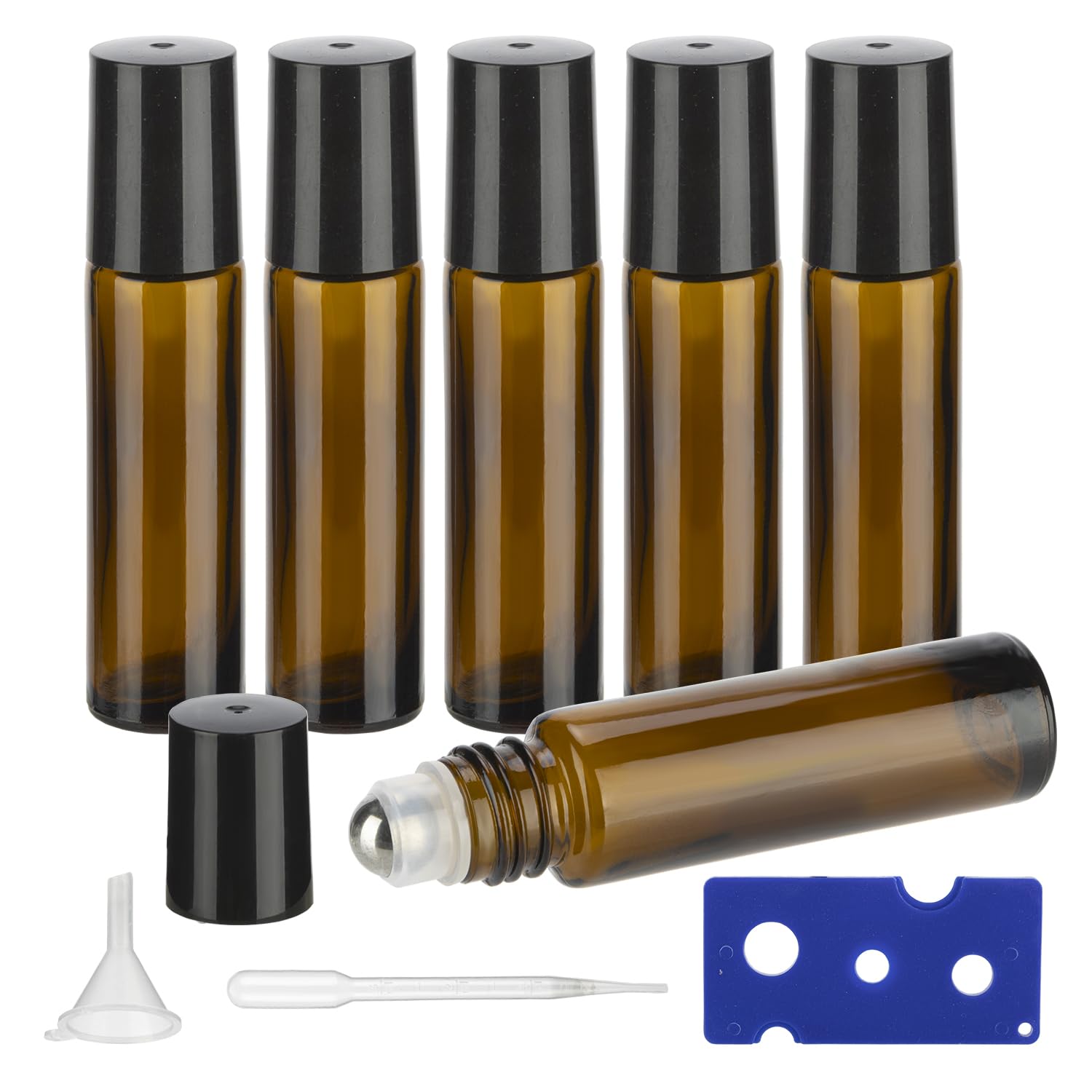 10ML Essential Oil Roller Bottles, 6 Pack Amber Oil Roller Bottles for Essential Oils, Roll on Bottle with Stainless Steel Balls(6 Labels, Opener, Funnel, Dropper Included) Amber 10ml-6pcs