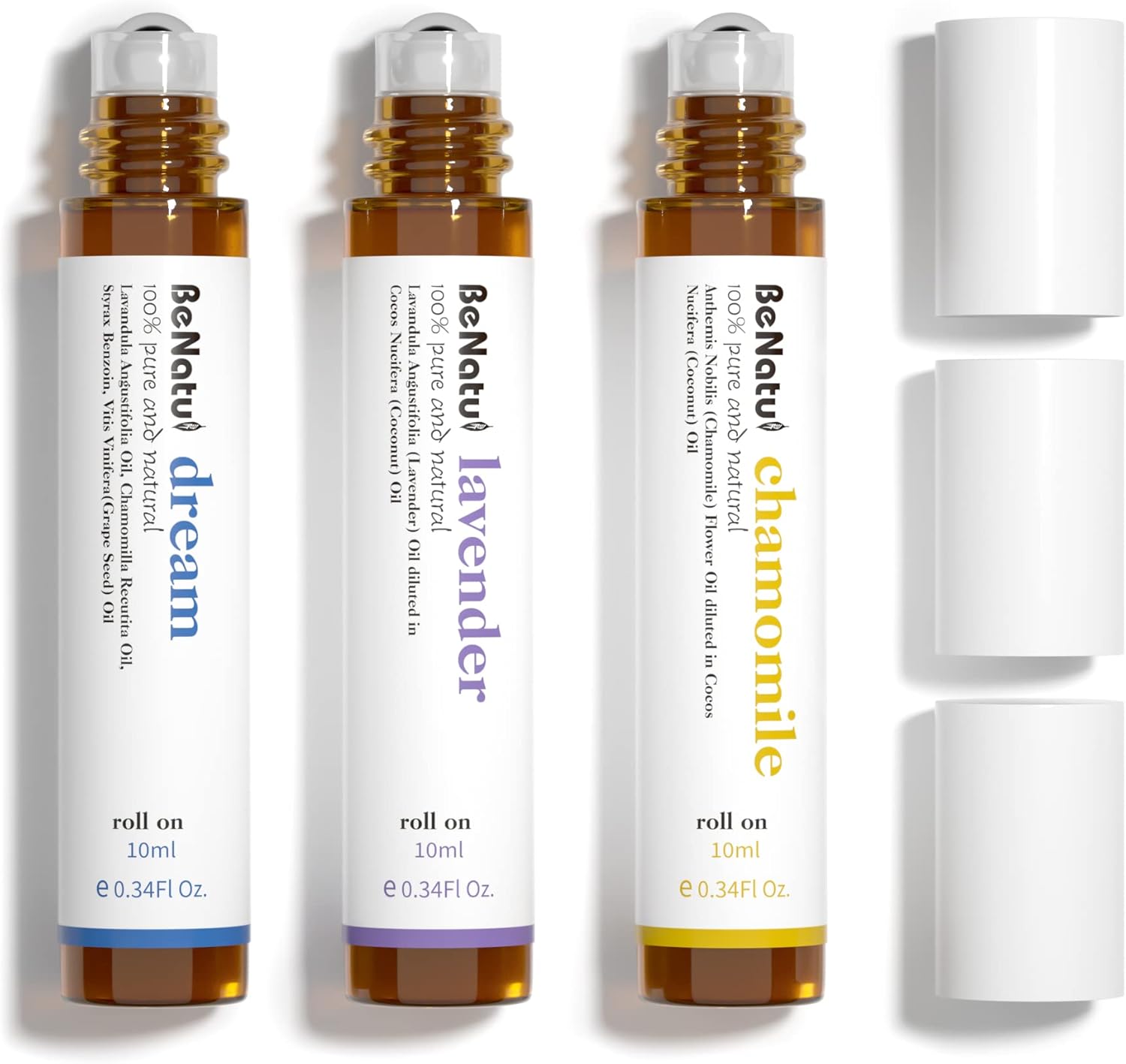 Essential Oil Roll On Set (Dream, Lavender, Chamomile), Aromatherapy Roller for Massage, Body Skin Care, Home - Natural Fragrance Gift for Women and Men