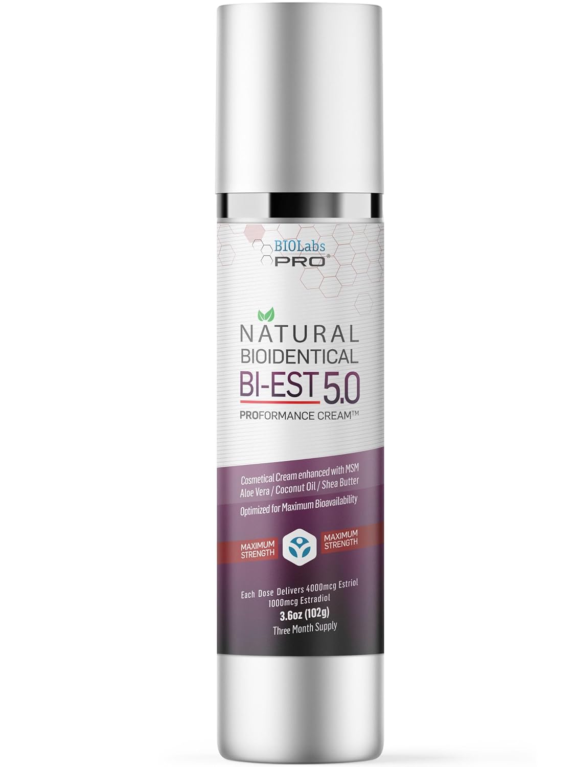 Estro Cream BiEST 5.0 - Bioidentical Max Strength Solution - 5mg Per Dose - Three Month Supply - Luxury Bottle - 3.6oz