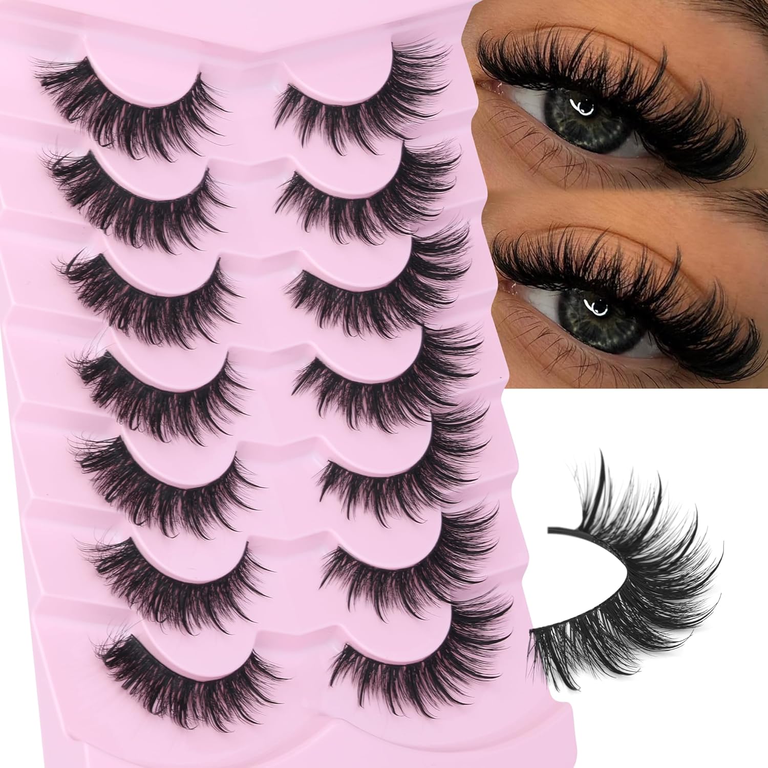False Eyelashes Wet Cat Eye Lashes Spiky Faux Mink Lashes Wispy Fairy Manga Lashes Natural Strip Lashes with Spikes 7 Pairs Pack Spiky Volume