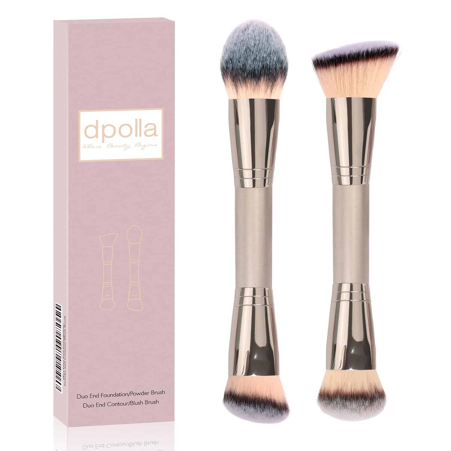 Foundation Makeup Brushes, 2Pcs Premium Dual-Ended Makeup Brush (Foundation, Powder, Blush & Contour Brushes) for Buffing Liquid, Cream, Powder, Blending Face Brush, Fit for Home, Travel & Gifting 2PC Dual-Ended