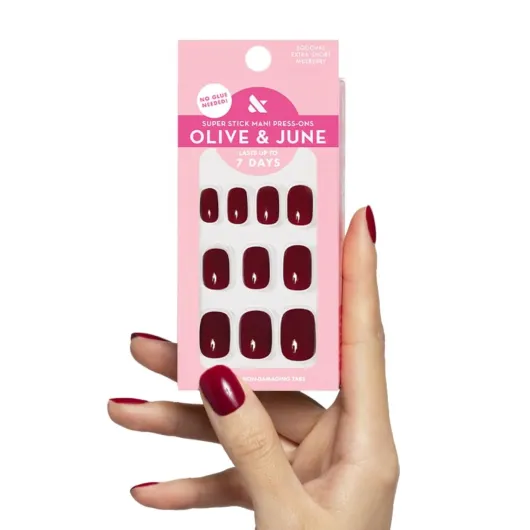 Olive & June Classic Super Stick Mani Press On Nails - Extra Short Squoval - No Glue Needed - 32 Tab Nails in 16 Sizes - Non-Toxic Tabs Easy On-Off Non-Damaging Real Look - 7-Day Wear -Mulberry Maroon