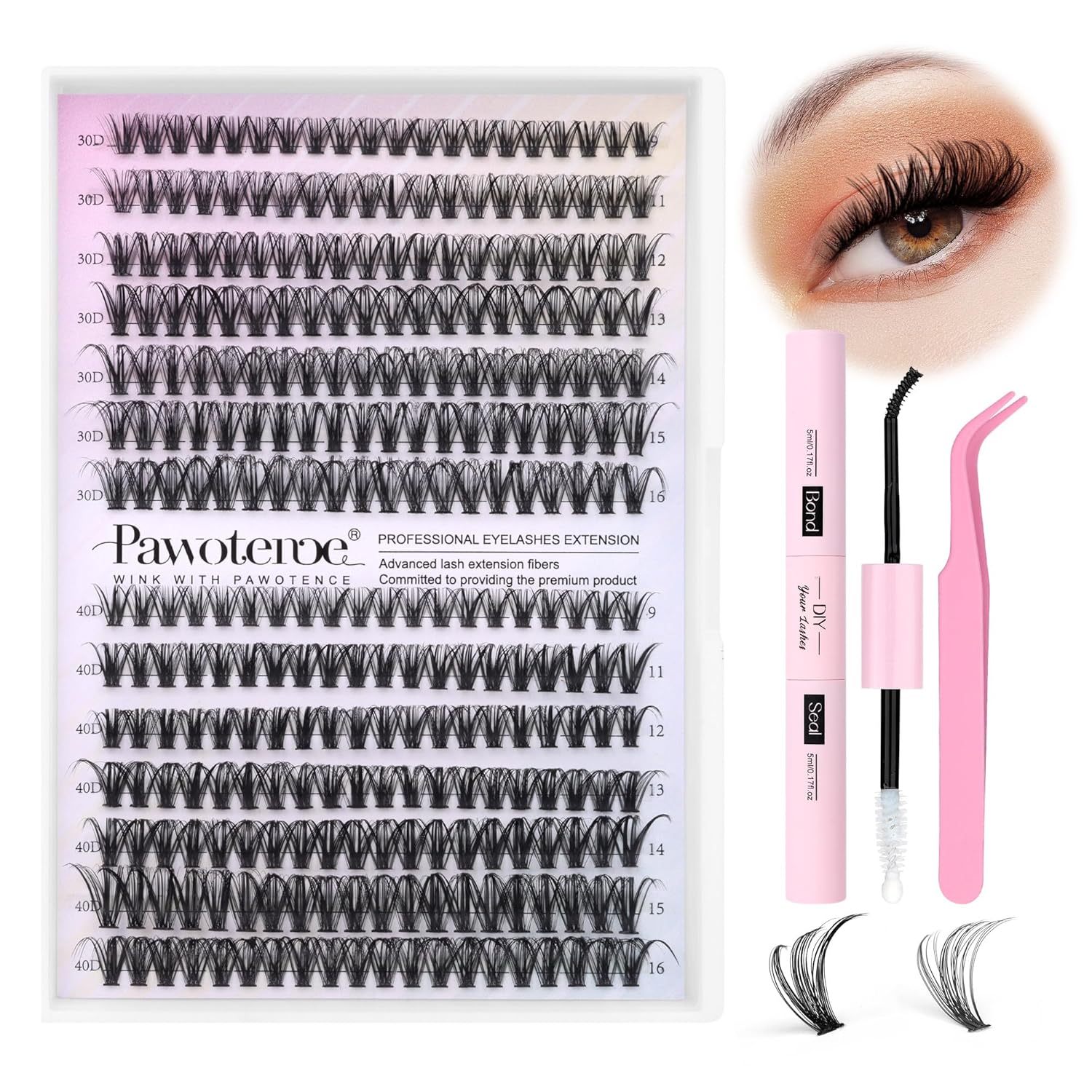 Lash Extension Kit DIY 280pcs Lash Clusters Eyelash Extension Kit, 9-16mm 30D 40D Individual Lashes Kit with Lash Bond and Seal, Lash Tweezers for Self Use (30D&40D, 0.07D, 9-16mm, Kit) 30D&40D KIT