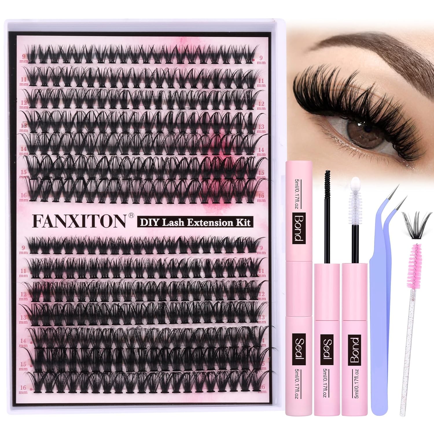 DIY Lash Extension Kit Volume Lash Clusters 40D+50D D Curvature Individual Lashes Lash Clusters Kit Thick Eyelash Extension Kit 280 pcs Thin Band Cluster Lashes Lash Bond and Seal Tweezers (NG01)DIY Lash Extension Kit-D