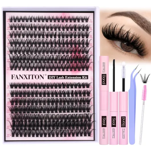 DIY Lash Extension Kit Volume Lash Clusters 40D+50D D Curvature Individual Lashes Lash Clusters Kit Thick Eyelash Extension Kit 280 pcs Thin Band Cluster Lashes Lash Bond and Seal Tweezers (NG01)DIY Lash Extension Kit-D