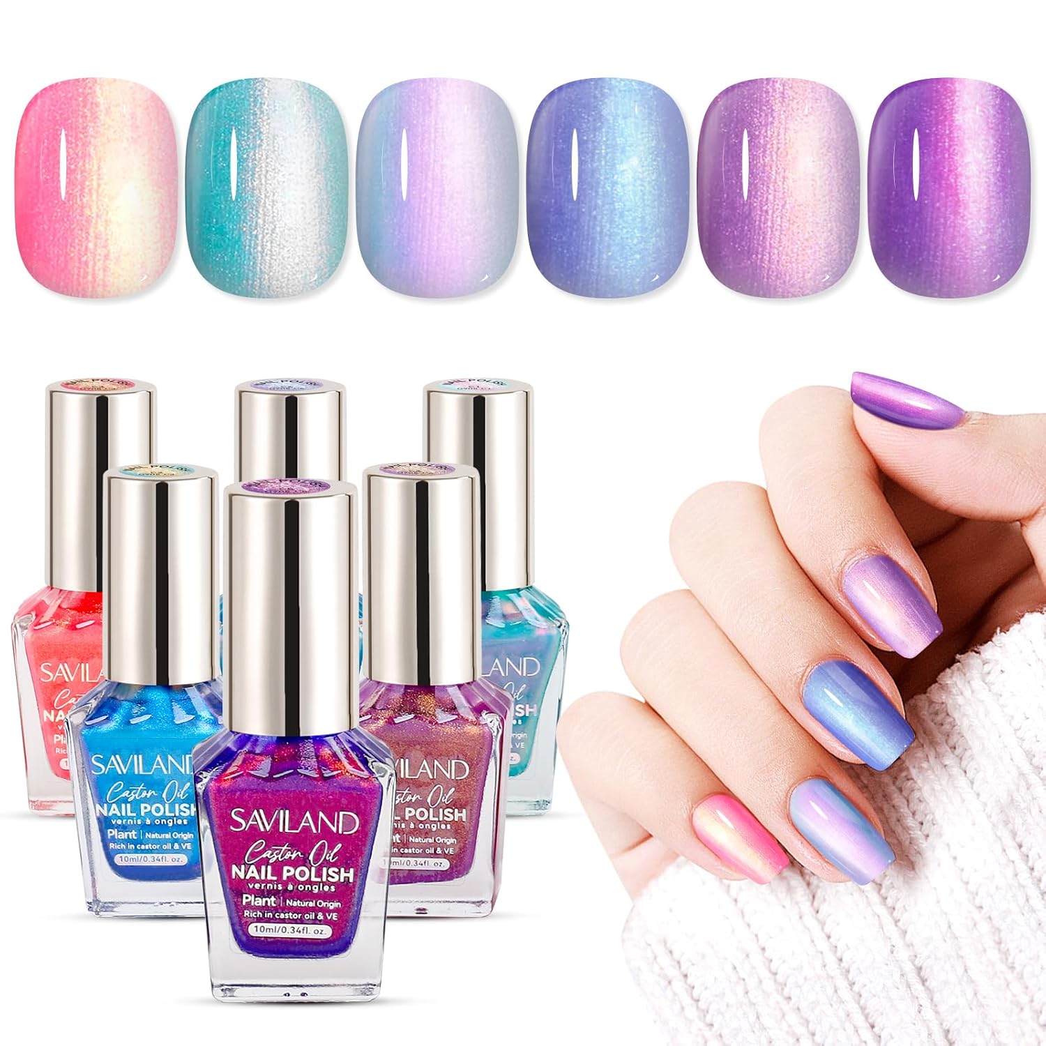 6pcs Ombre Nail Polish Sets: Charm Pink Blue Gold Purple Pearl Summer Fingernail Polish Colors Air Quick Dry Nail Polish Plant-base Castor Oil Natural Nail Lacquer Women Home Manicure DIY 0.34 Fl Oz (Pack of 6) Aurora Metallic
