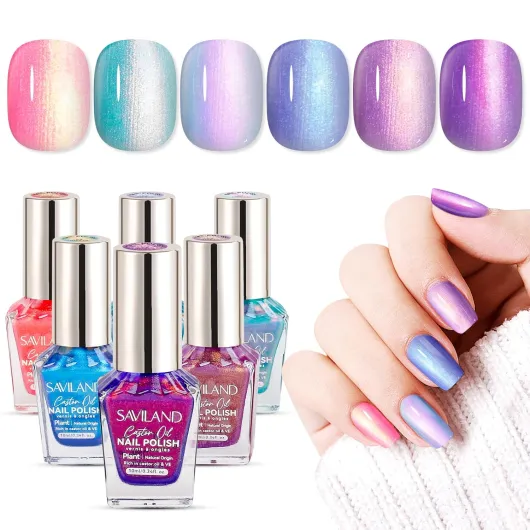 6pcs Ombre Nail Polish Sets: Charm Pink Blue Gold Purple Pearl Summer Fingernail Polish Colors Air Quick Dry Nail Polish Plant-base Castor Oil Natural Nail Lacquer Women Home Manicure DIY 0.34 Fl Oz (Pack of 6) Aurora Metallic