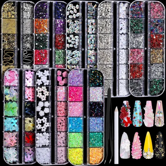 Nail Charms, Nail Rhinestones Kit with 8 Boxes of Nail Gems, 3D Charms for Nails, Colorful Clear Flatback Rhinestones, Charms Y2K for Nails, Multi Shape Pearls Jewels for Crafts