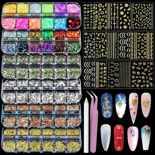 Nail Art Studs Kit, 6 boxes Multicolor And Design 3D Charms Pearls With 15 Sheets Gold Nail Stickers, Diamond Cute Nail Jewels For DIY Decoration with Pickup Tools Multicolor and design set