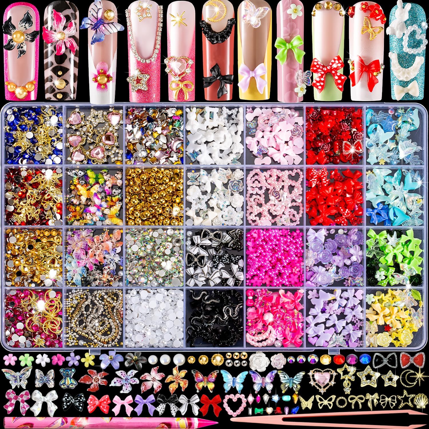 8000pcs 3D Nail Charms and Nail Gems, Cute Nail Rhinestones and Charms Y2K for Nails Nesign, Variety Butterfly Bow Moon Star Flower Junk Case Charms Gold Pearls Nail Jewels for Nail Art Decorations