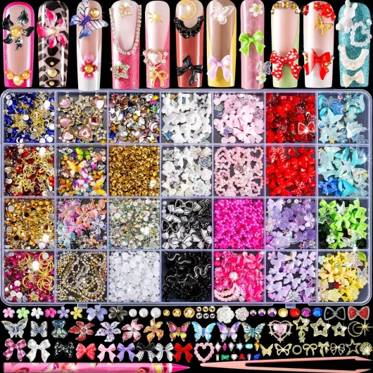 8000pcs 3D Nail Charms and Nail Gems, Cute Nail Rhinestones and Charms Y2K for Nails Nesign, Variety Butterfly Bow Moon Star Flower Junk Case Charms Gold Pearls Nail Jewels for Nail Art Decorations