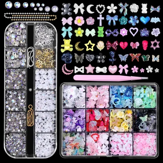 3D Nail Charms Set, Color Flower Bow Moon Heart Star Nail Art Charms, Half Round Pearl & Flatback Gems AB, Hollow Butterfly Alloy Nail Art Supplies DIY Accessories