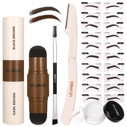 25PCS Eyebrow Stamp Stencil Kit With Dual-Color Eyebrow Stamp Pomade,20 Reusable Eyebrow Stencils,Finising Powder,Brush,Eyebrow Razor,Zipper Pouch,Waterproof Eye Brow Stamping and Shaping Kit04 Dark Brown+Black Brown
