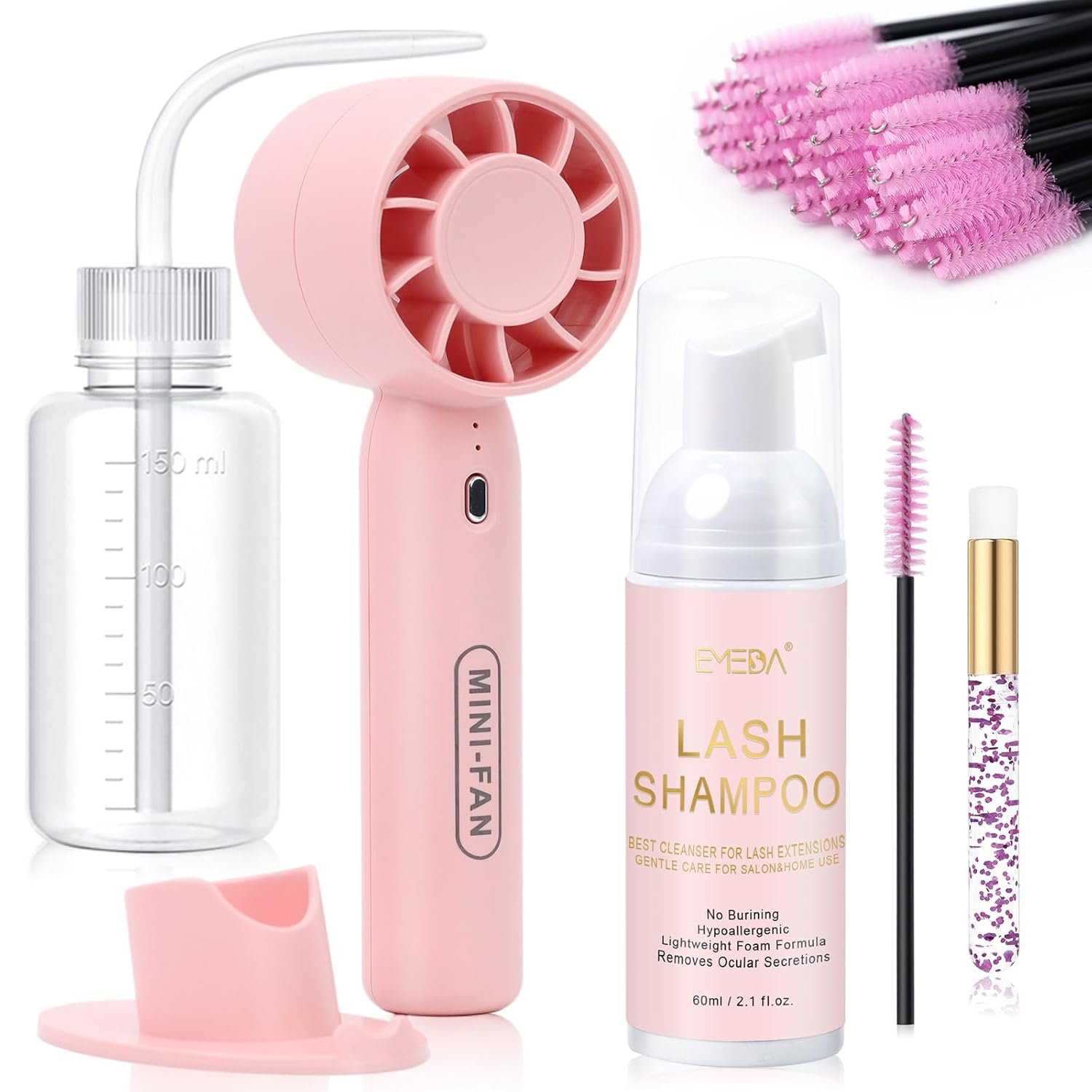 Lash Shampoo Kit 2.02 fl oz Lash Cleaning Kit with Rechargeable Fan Dryer/Brush/Rinse Bottle, Oil-free Cleanser Wash for Extensions & Clusters & Natural Eyelashes, Cleaner for Eyelash Care Pink