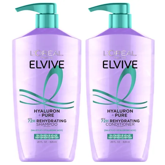 L'Oreal Paris Elvive Hyaluron + Pure Shampoo and Conditioner Set, Clarifying Shampoo and Rehydrating Conditioner with Salicylic Acid and Hyaluronic Acid, 1 Kit