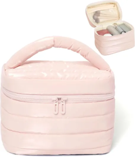 Puffy Travel Makeup Bag for Women Lightweight Waterproof Makeup Organizer with Built-in Pockets Collapsible Cosmetic Bag for Travel Essentials(Pink)