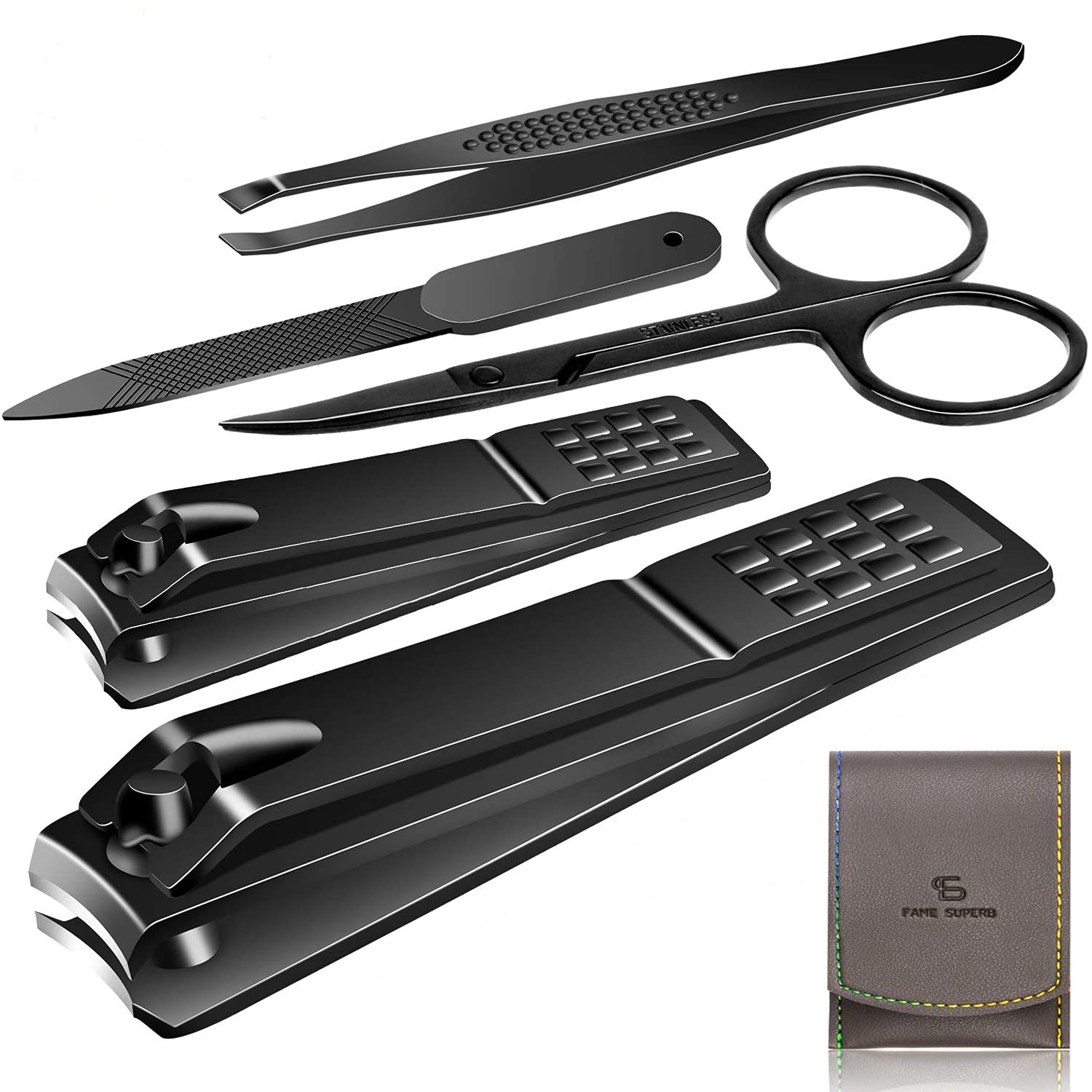 Manicure Pedicure Kit Nail Clippers Set Fingernails & Toenails Vibrissac Scissor 5 Pieces Best Care Tools for Man & Women with Travel Case (Gray/Black A) (Gray/Black A)