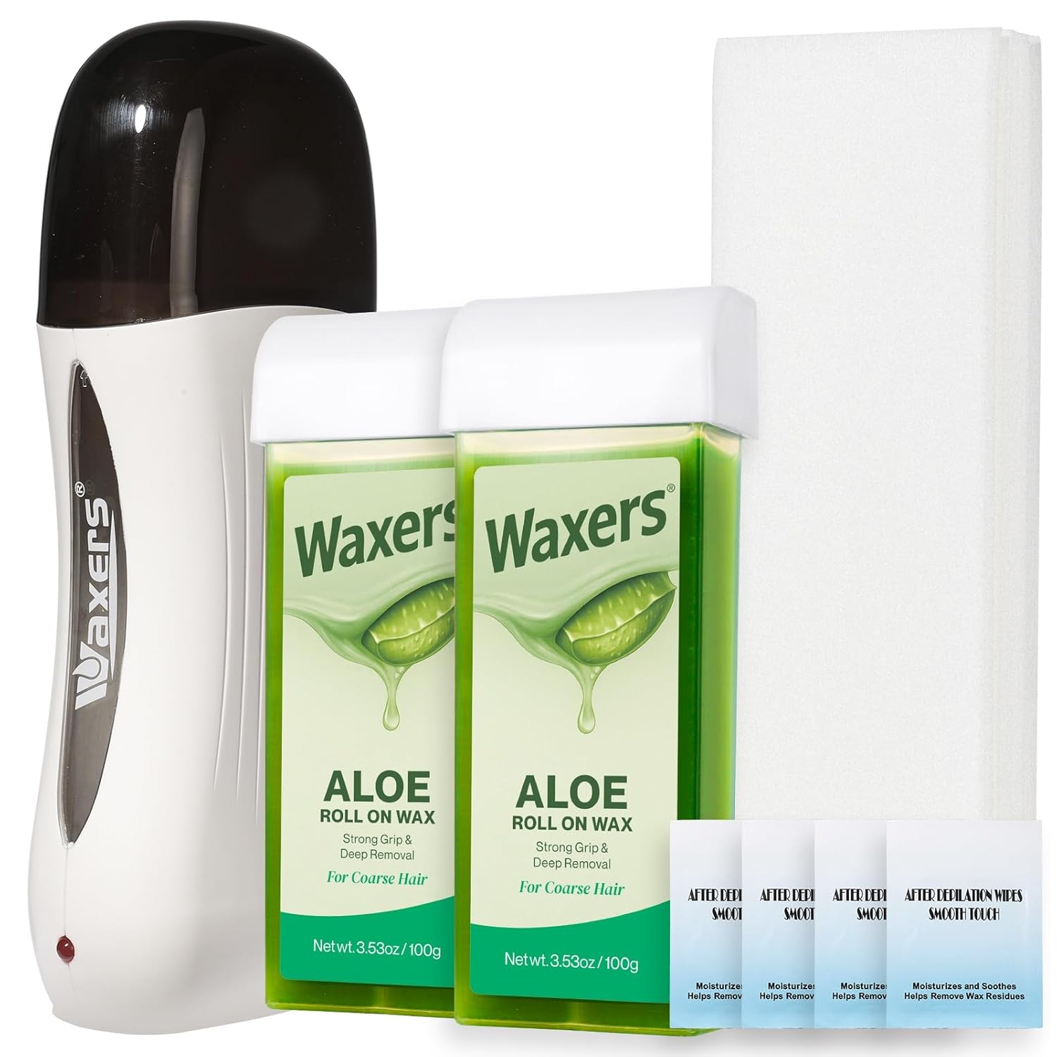 Roll on Wax Kit Waxing Roller Depilatory for Women Men Soft Wax Hair removal Kit for Larger Areas at Home with Heater & Strips Aloe Vera