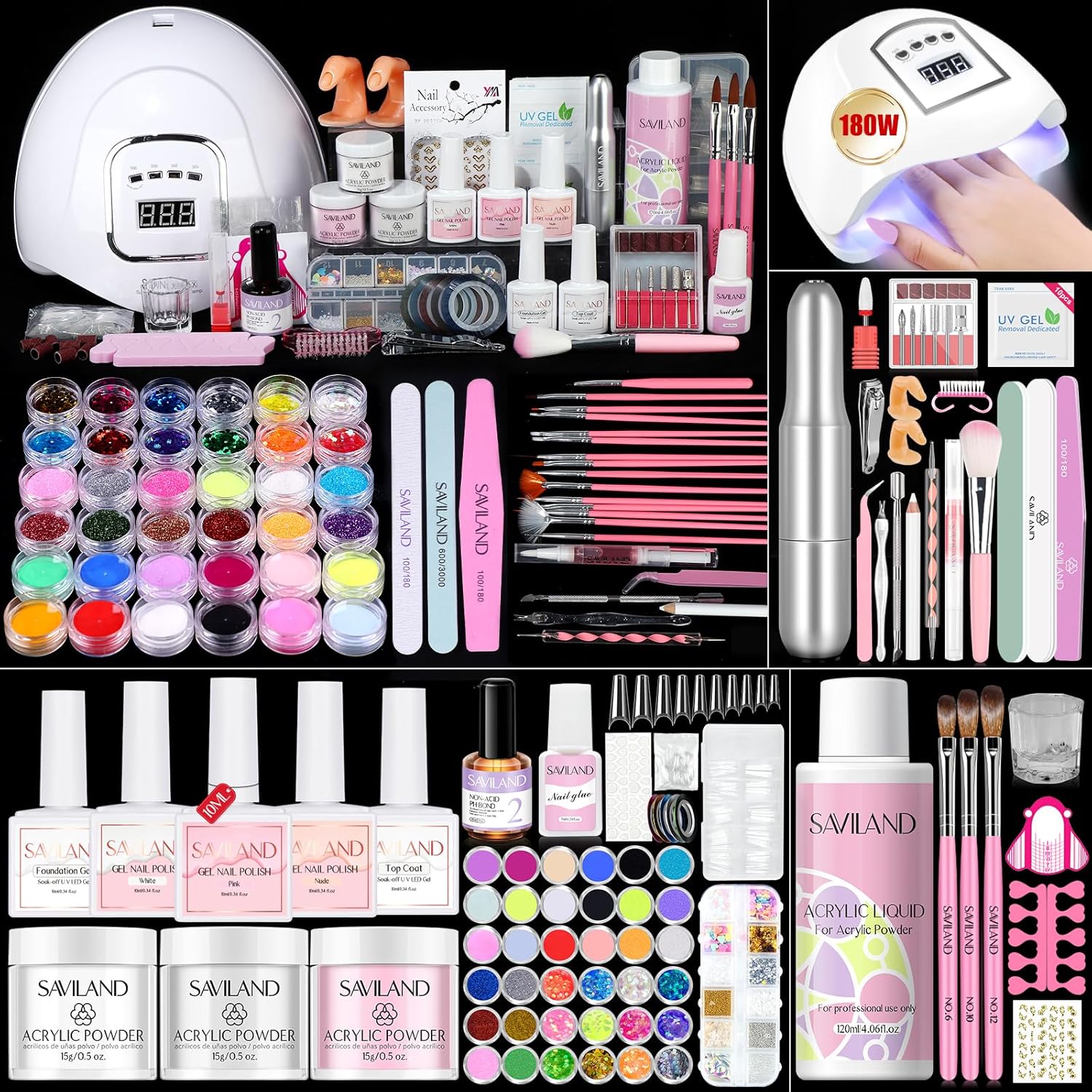 Acrylic Nail Kit for Beginners: Keratin Acrylic Powder Castor Oil Vitamin E Gel Nail Polish Primer 180W Nail Lamp Nail Drill Full Tools Everything Home Starters 458 pcs