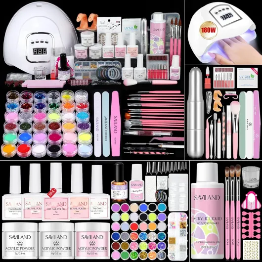 Acrylic Nail Kit for Beginners: Keratin Acrylic Powder Castor Oil Vitamin E Gel Nail Polish Primer 180W Nail Lamp Nail Drill Full Tools Everything Home Starters 458 pcs
