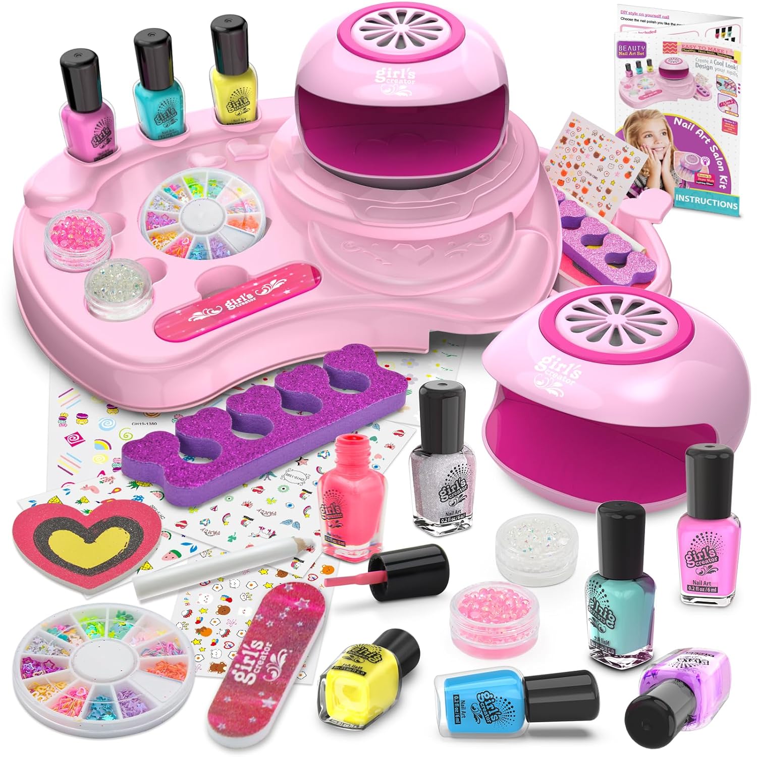 Nail Polish Set for Girls Ages 7-12, Kids Nail Art Studio Kit, Non Toxic Quick Dry Nail Polish, Nail Dryer, Storage Desk, Glitter, Cool Girls Stuff, Birthday Gifts Ideas 8 9 10 11 Years Old