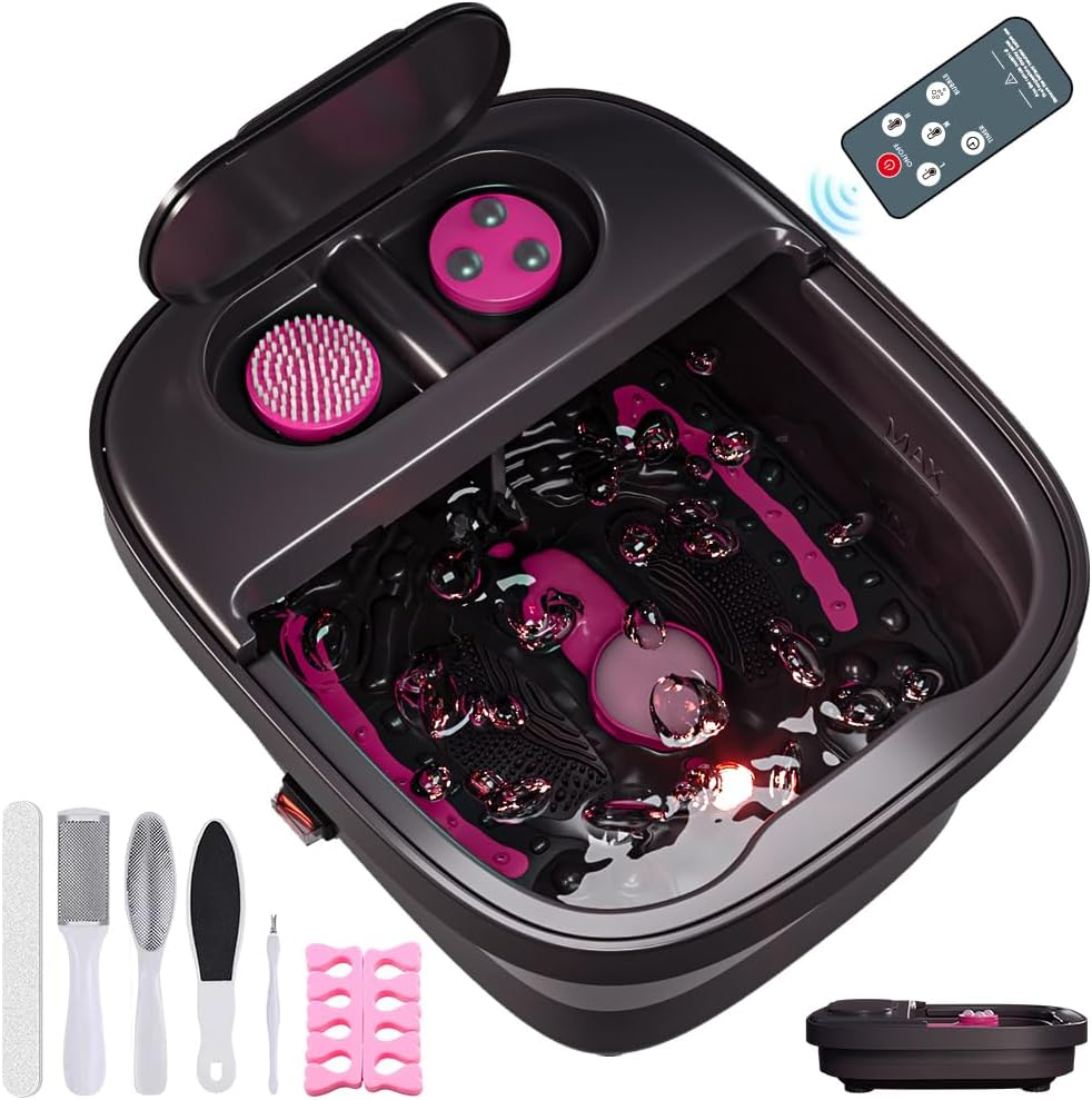 Collapsible Foot Bath, Foot Spa Bath Massager with Heat, Bubble, Remote Control, Temperature Control, 3 Pedicure Attachments, Feet Soaking Tub for Stress Relief