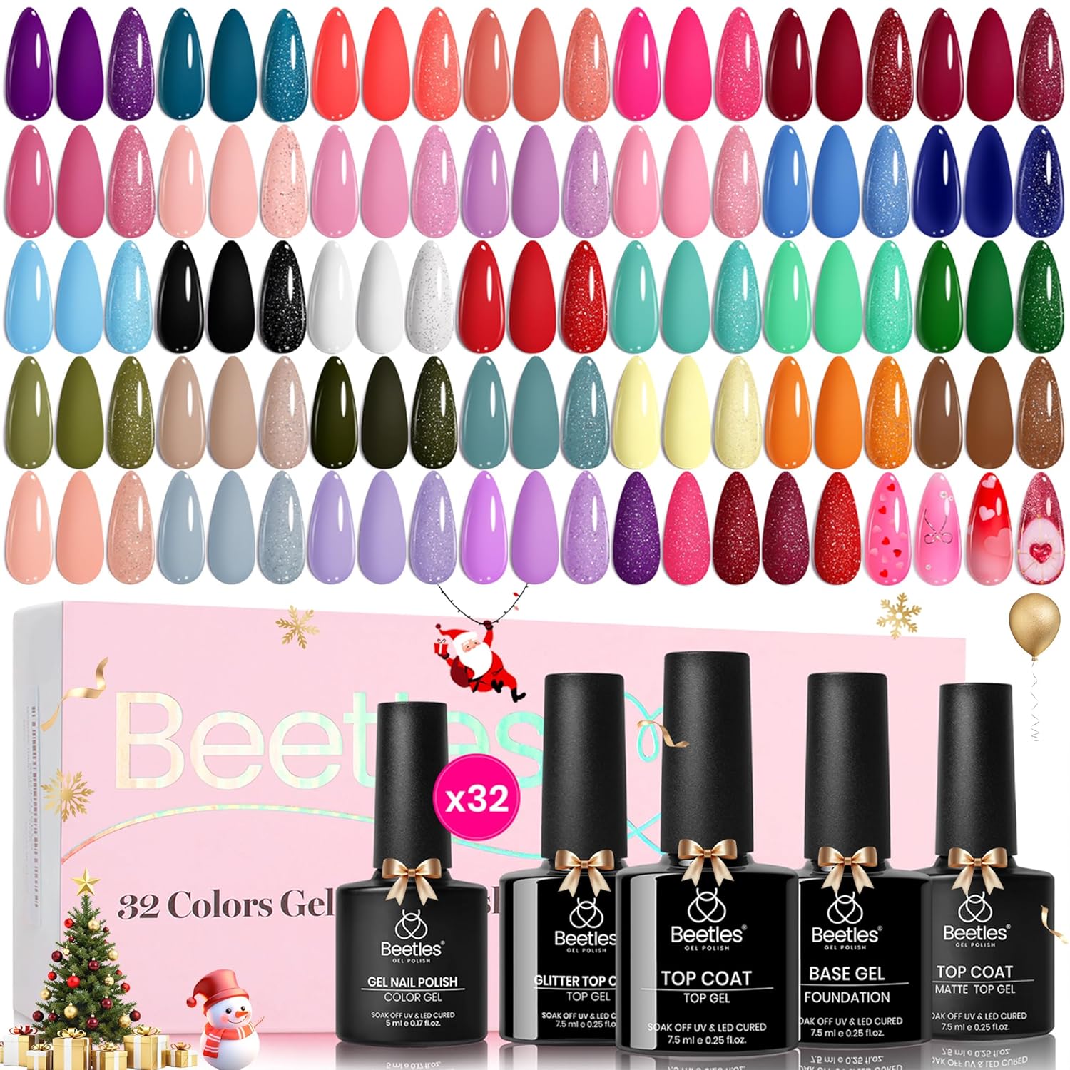 Christmas Gel Nail Polish Set 32 Winter Colors with Base Top Coat Burgundy Red Blue Purple Brown Orange Green Pink Black White Uv LED Lamp Nails Gifts for Women Fingertip Palette 0-0 Fingertip Palette