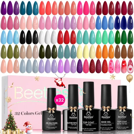 Christmas Gel Nail Polish Set 32 Winter Colors with Base Top Coat Burgundy Red Blue Purple Brown Orange Green Pink Black White Uv LED Lamp Nails Gifts for Women Fingertip Palette 0-0 Fingertip Palette
