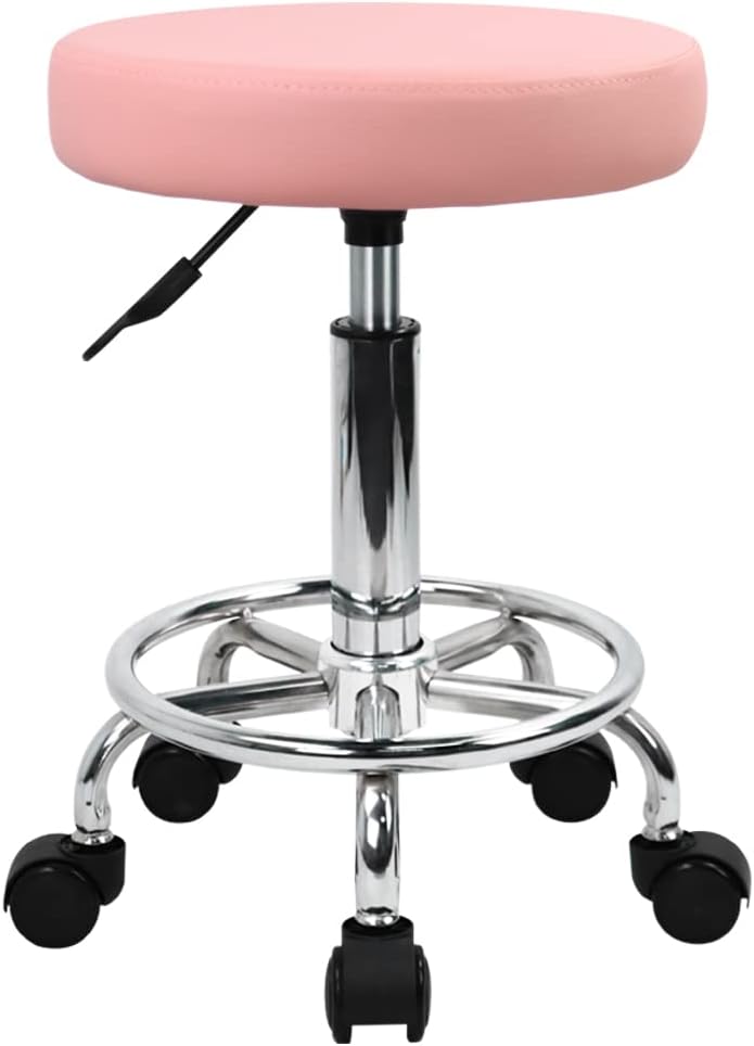 PU Leather Round Rolling Stool with Foot Rest Swivel Height Adjustment Spa Drafting Salon Tattoo Work Office Massage Stools Task Chair (Pink)
