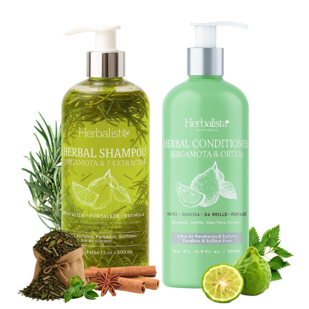 Viral Bergamot Herbal Shampoo + Conditioner 1000ml (33 fl oz) Each – With 7 Extracts: Rosemary, Ginger, Anise, Green Tea, Horsetail & Cinnamon – Shampoo & Acondicionador Bergamota
