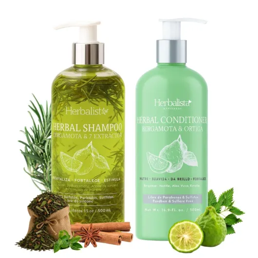 Viral Bergamot Herbal Shampoo + Conditioner 1000ml (33 fl oz) Each – With 7 Extracts: Rosemary, Ginger, Anise, Green Tea, Horsetail & Cinnamon – Shampoo & Acondicionador Bergamota
