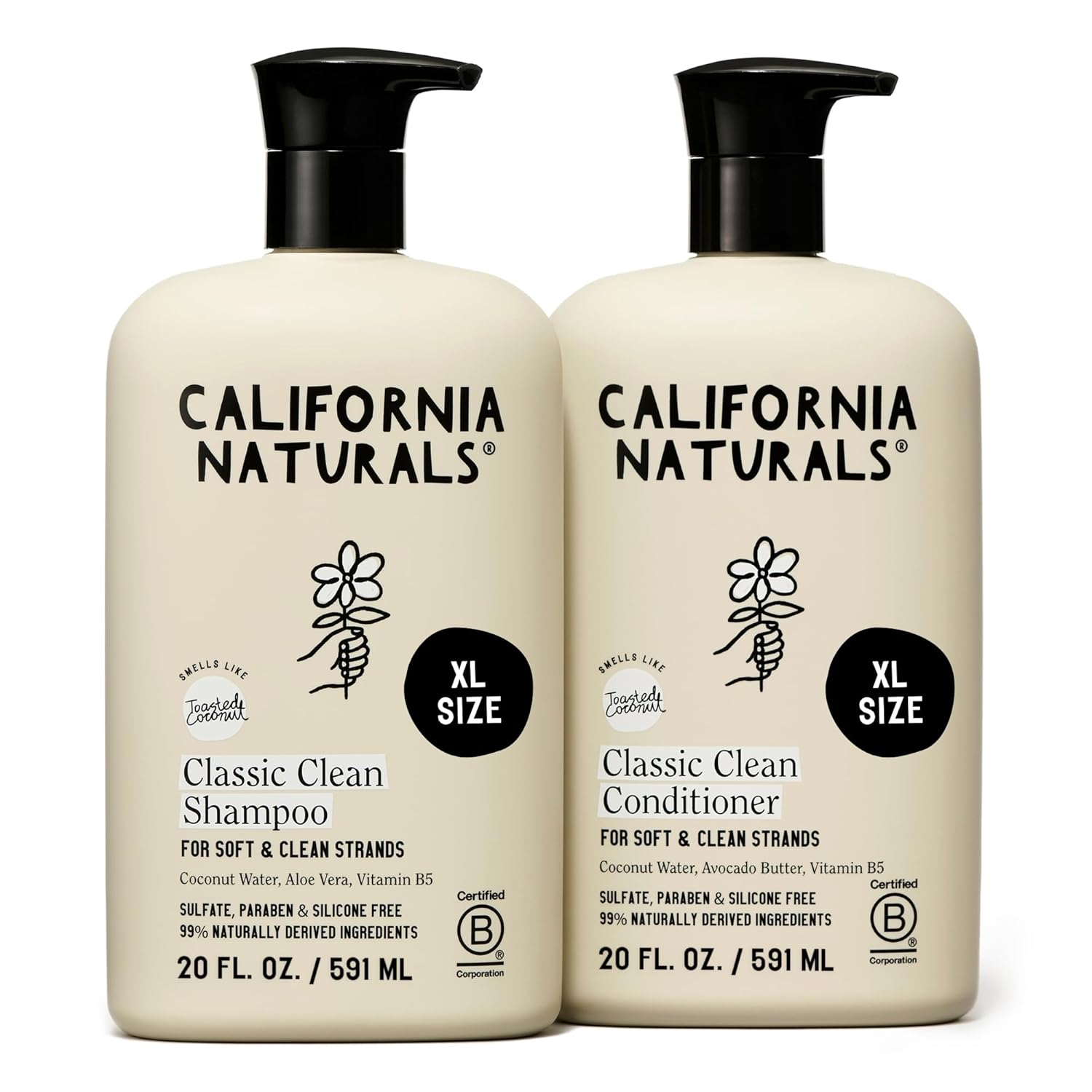 Coconut Shampoo & Conditioner, Natural, Vegan, Cruelty, Silicone, Paraben, and Sulfate Free Shampoo, All Hair Types, 20 Fl Oz (Pack of 2), Classic Clean Coconut