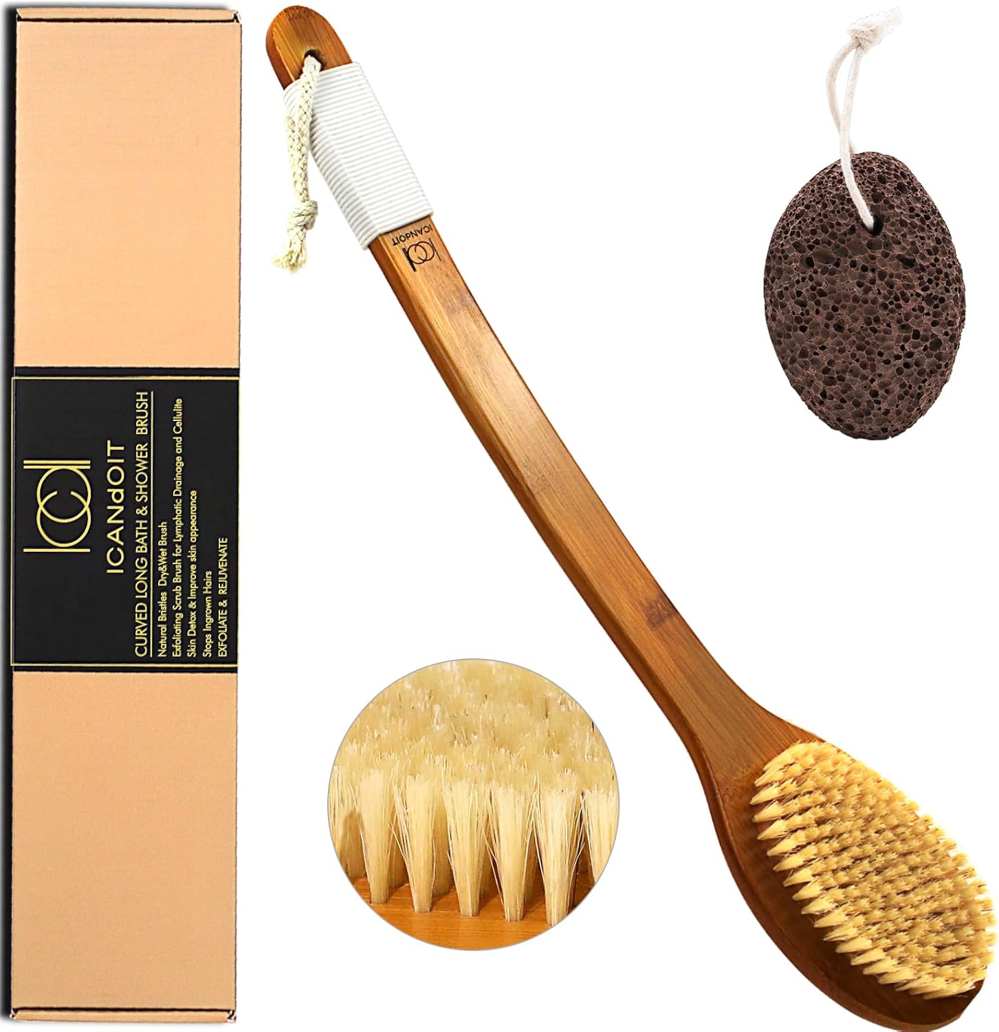 17.71Inch Natural Boar Bristles Anti-Slip Long Handle Bath Brush,Bent Handle Shower Scrubber for Exfoliating,Shower Back Brush,Exfoliation Set with Pumice Stone (1 Pack) Boar Bristles 17.71 Inch(Pack of 1)