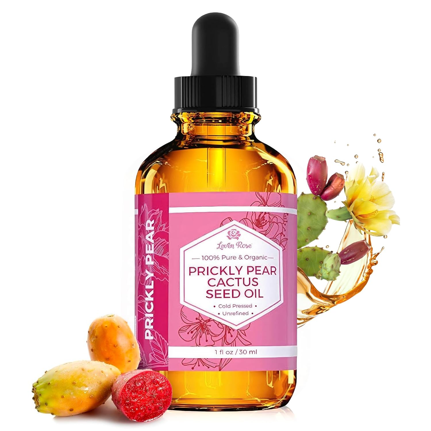 Prickly Pear Seed Oil (Barbary Fig) 100% Pure Organic Prickly Pear Oil, Extra Virgin, Cold Pressed, All Natural Face, Dry Skin & Body Moisturizer and Hair Treatment 1 oz