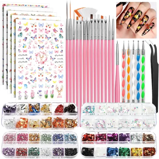 Nail Art Brushes Set, Nail Art Kit, Nail Design Kit, Nail Art Dotting Pens, Nail Stickers, Butterfly Nail Art Sequins, Nail Foils, Nail Art Flakes Iridescent, Rhinestones For Nails Pink