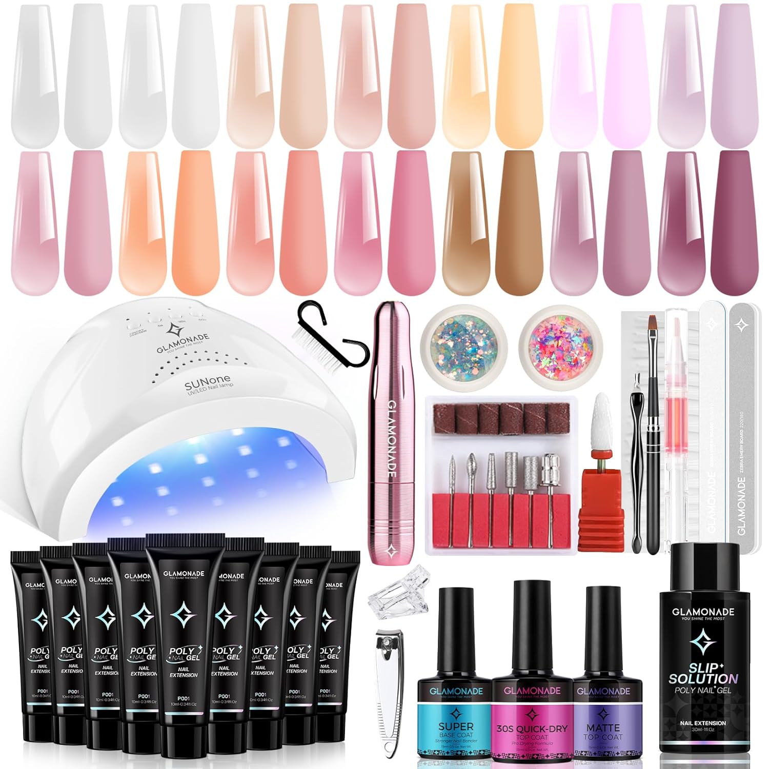 Poly Gel Nail Starter Kit: Nail Drill with 14PC Extended Gel for DIY Art at Home - Salon Quality Home Nail Art Kit Sliding Solution 48W Power U V Lamp Nail Art Designs