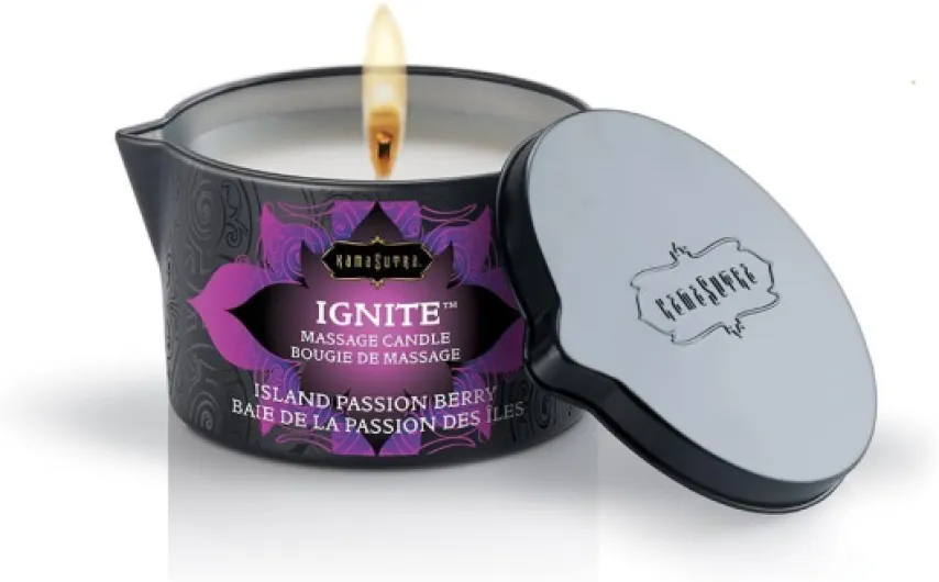 Ignite Massage Candle - Coconut Oil and Soy Based - Island Passion Berry, 6 oz Candle Melts into a Warm Massage Oil, Couples Massage, Pour Spout Massage Candle
