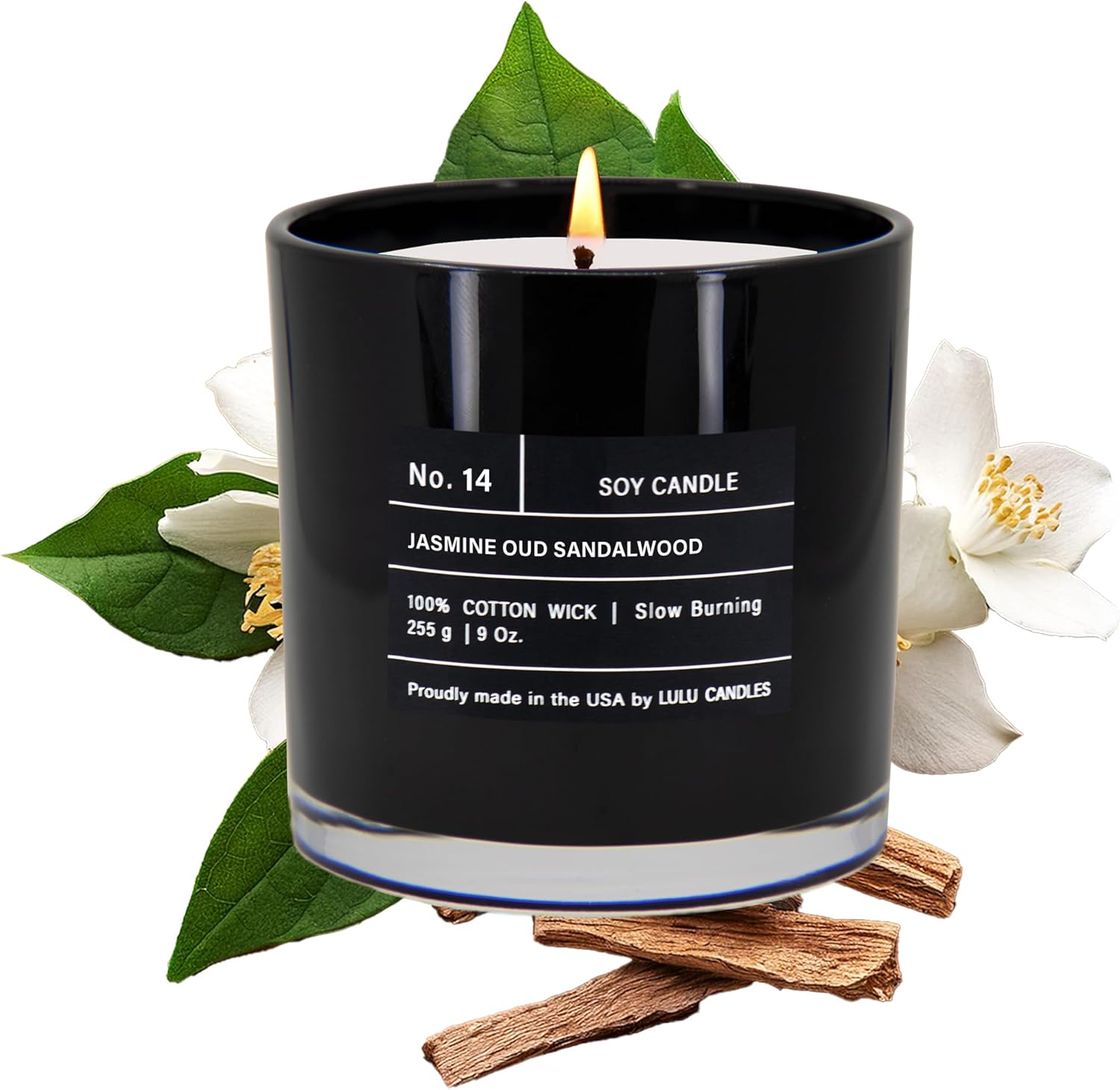 Jasmine, Oud & Sandalwood - Luxury Scented Soy Jar Candle - Hand Poured in The USA - Highly Scented & Long Lasting (9 Oz.) Jasmine, Oud & Sandalwood 9 Oz.