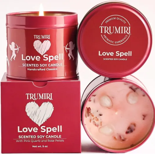Love Spell - Scented Candles for Women & Men with Rose Petals and Crystals - 5oz Soy Clean Organic Non Toxic - Velas Aromáticas - Aromatherapy Spa Valentines Gift Home Décor Aesthetic Candel