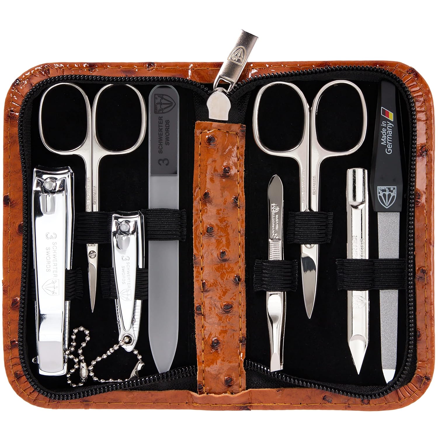 Brand quality 8 piece manicure pedicure grooming kit set synthetic leather case ostrich cognac - Made in Germany OSTRICH BROWN